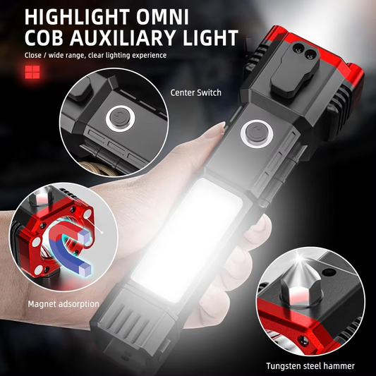 Multifunction 8 in 1 Portable LED Flashlight – Rechargeable Car Emergency Tool with Window Breaker