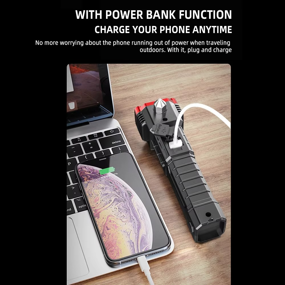Multifunction 8 in 1 Portable LED Flashlight – Rechargeable Car Emergency Tool with Window Breaker