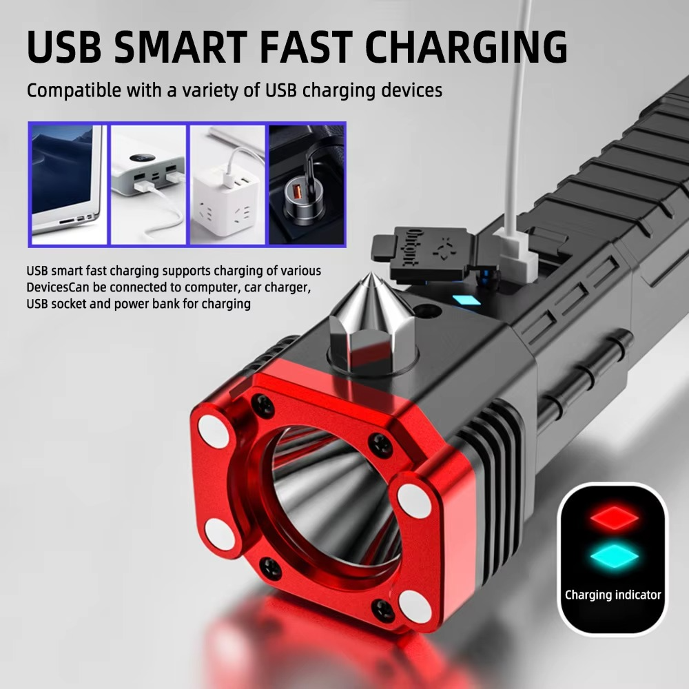 Multifunction 8 in 1 Portable LED Flashlight – Rechargeable Car Emergency Tool with Window Breaker